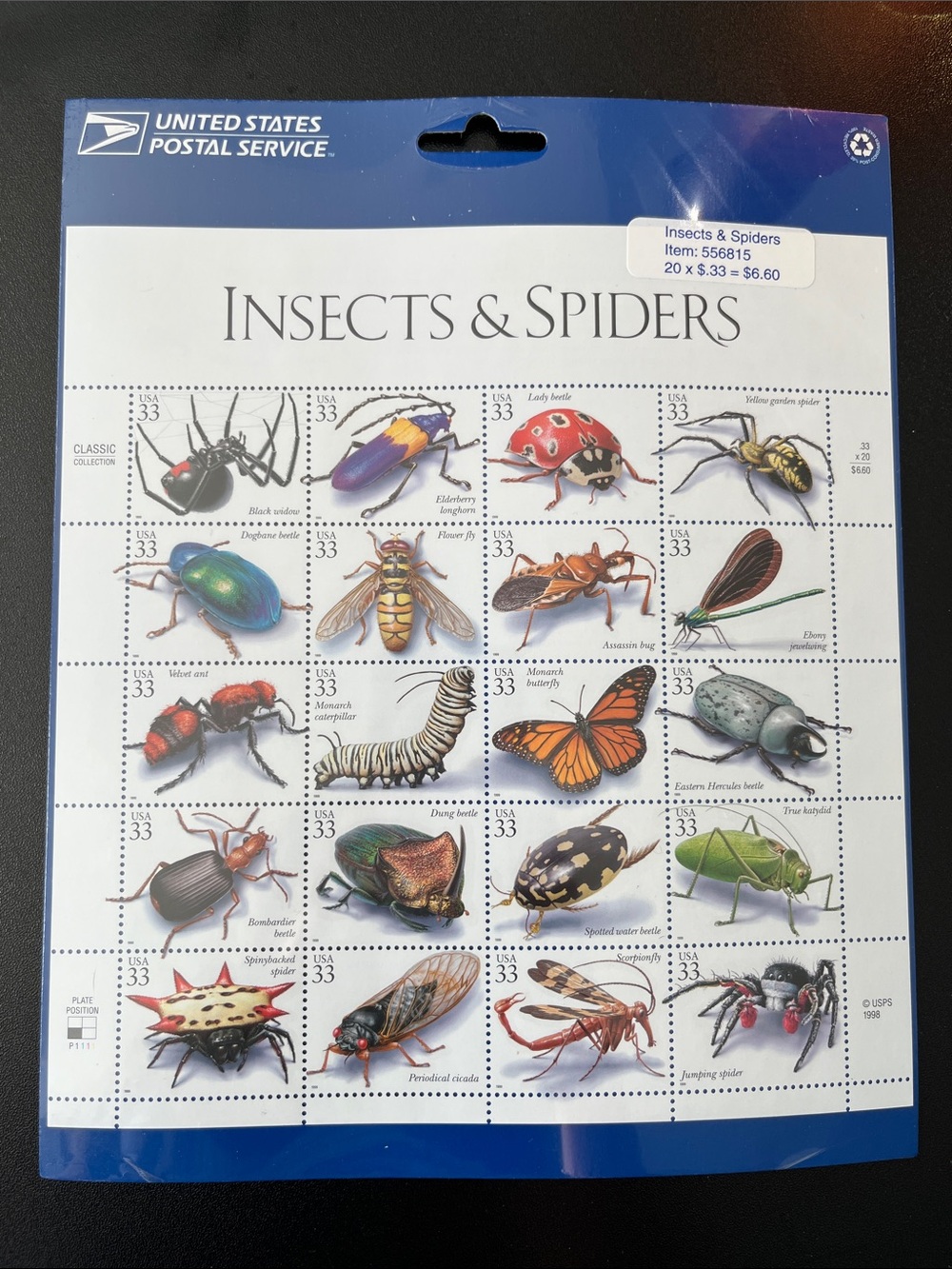 Insects & Spiders Sheet of 20 $0.33 stamps, NEW.